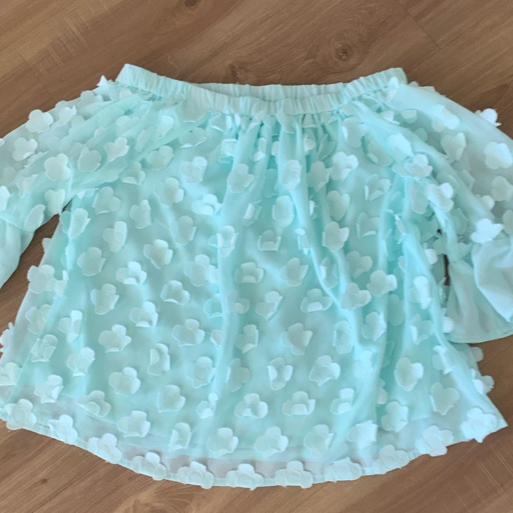 Women’s Light Aqua Floral Appliqué Off-Shoulder Blouse